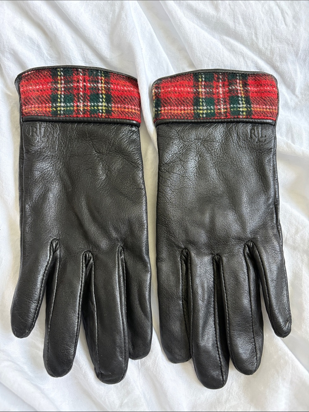Ralph Lauren Black Leather Gloves with Red Plaid Trim